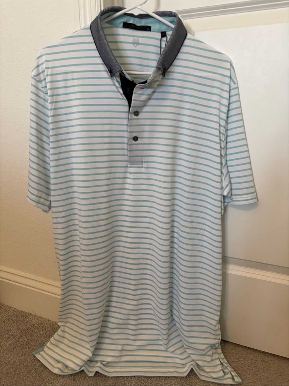 Greyson Light Blue & White Striped Polo with Contrast Dark Gray Collar NWT, XL